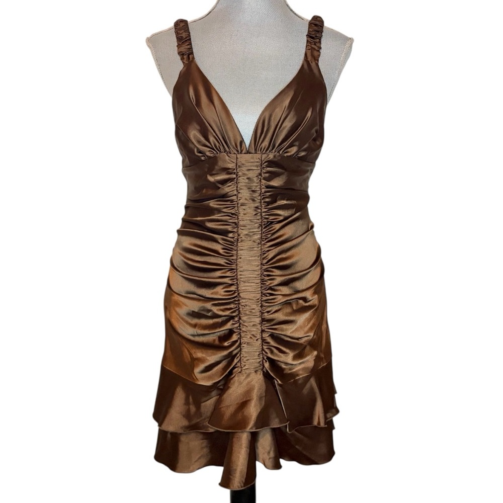 Vintage Jessica McClintock Brown Satin Ruched Dress